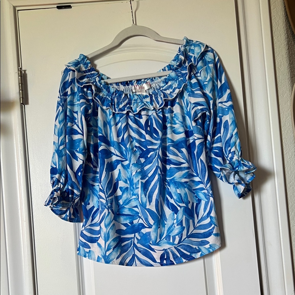 Blue Leaf-Print Off-Shoulder Women's Blouse